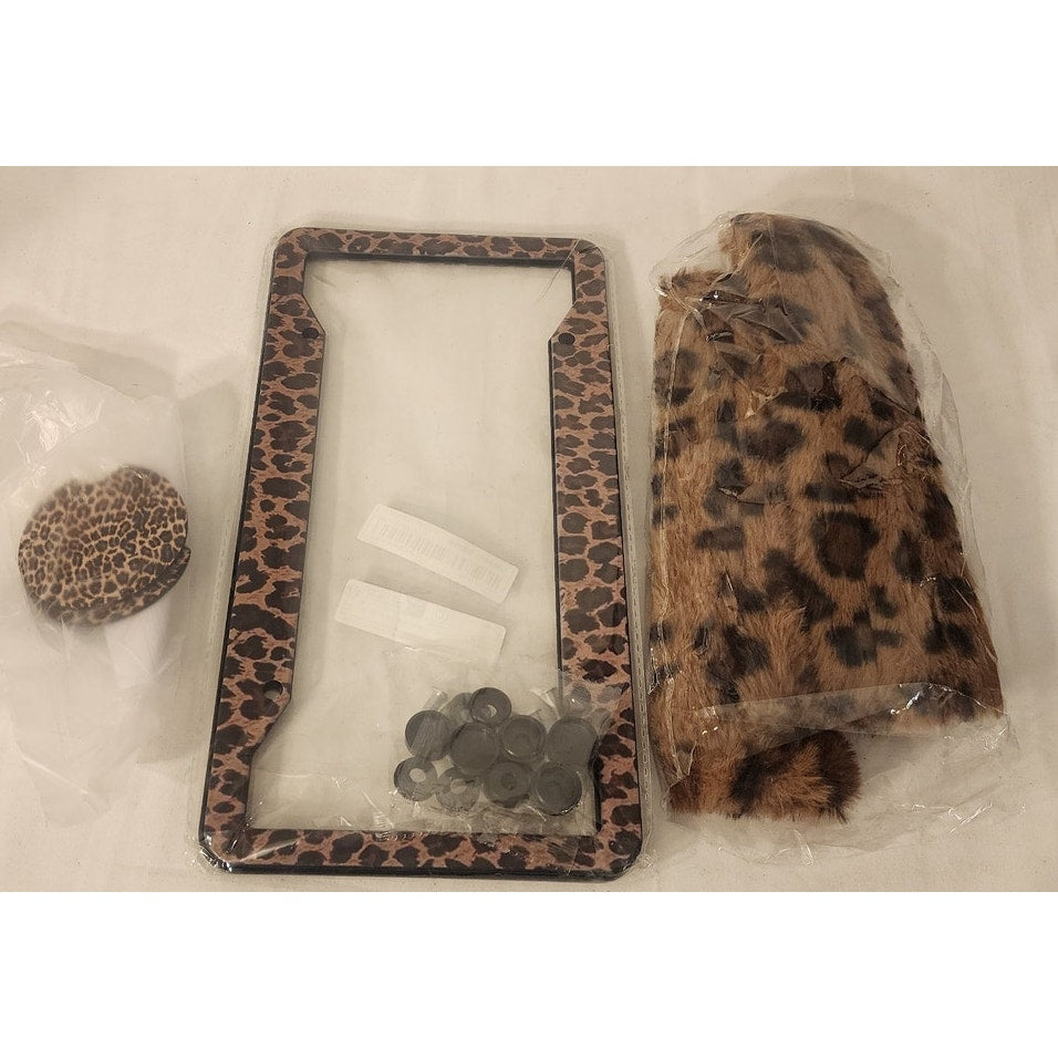 Cheetah Print Car Accessory Set – Plate Frame, Shoulder Covers, Cup Inserts