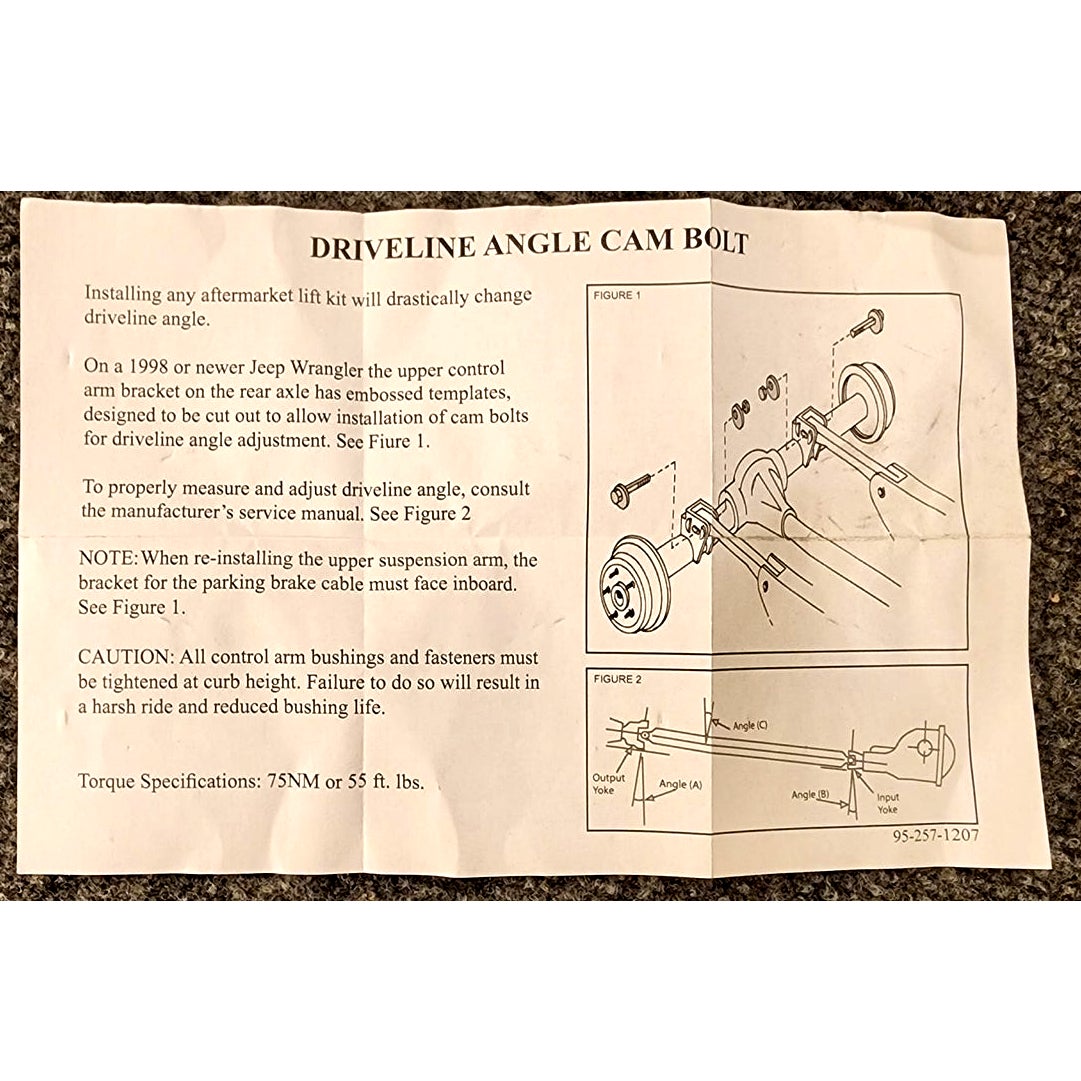 CAM500 Driveline Angle Cam Bolt Kit 95-257-1207 Instruction Sheet Unbranded