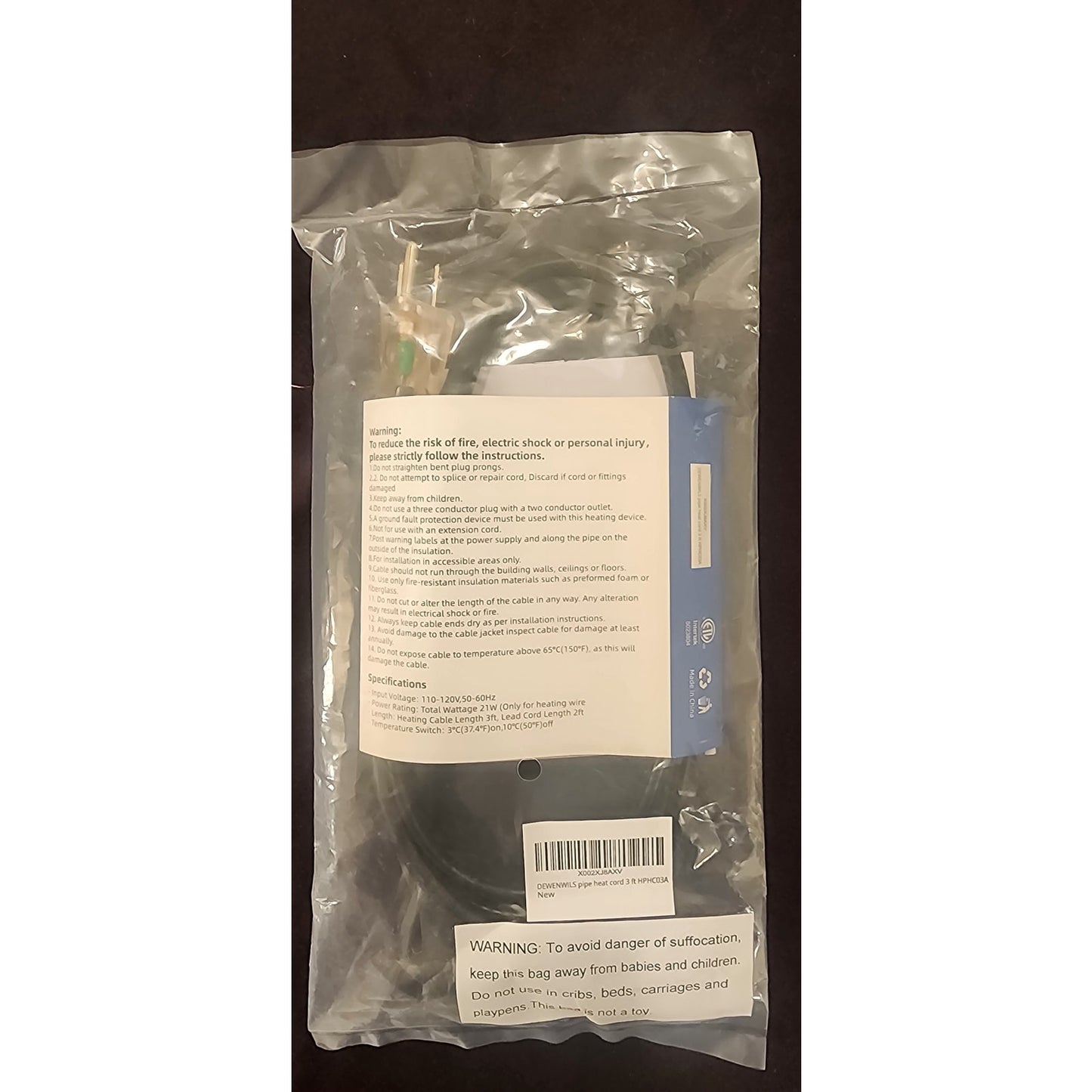 Dewenwils 3FT Pipe Heat Cable – Freeze Protection Heating Cord – 3 ft