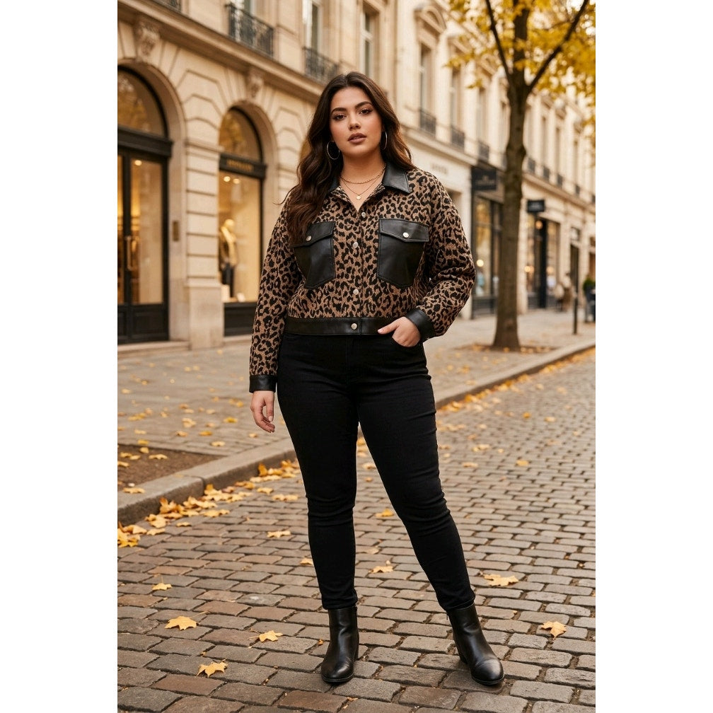 Blue Blush Leopard Print Jacket XL Faux Leather Trim Statement Coat