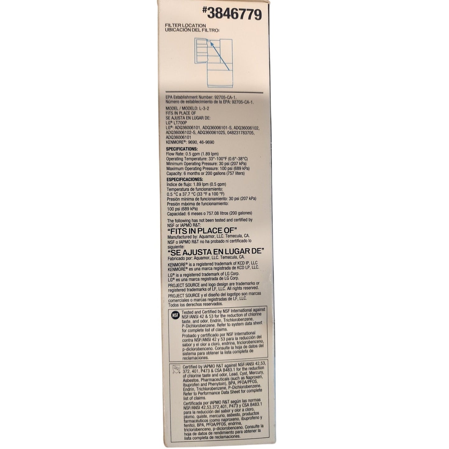 Project Source 3846779 Refrigerator Water Filter 2-Pack Fits LG LT700P New