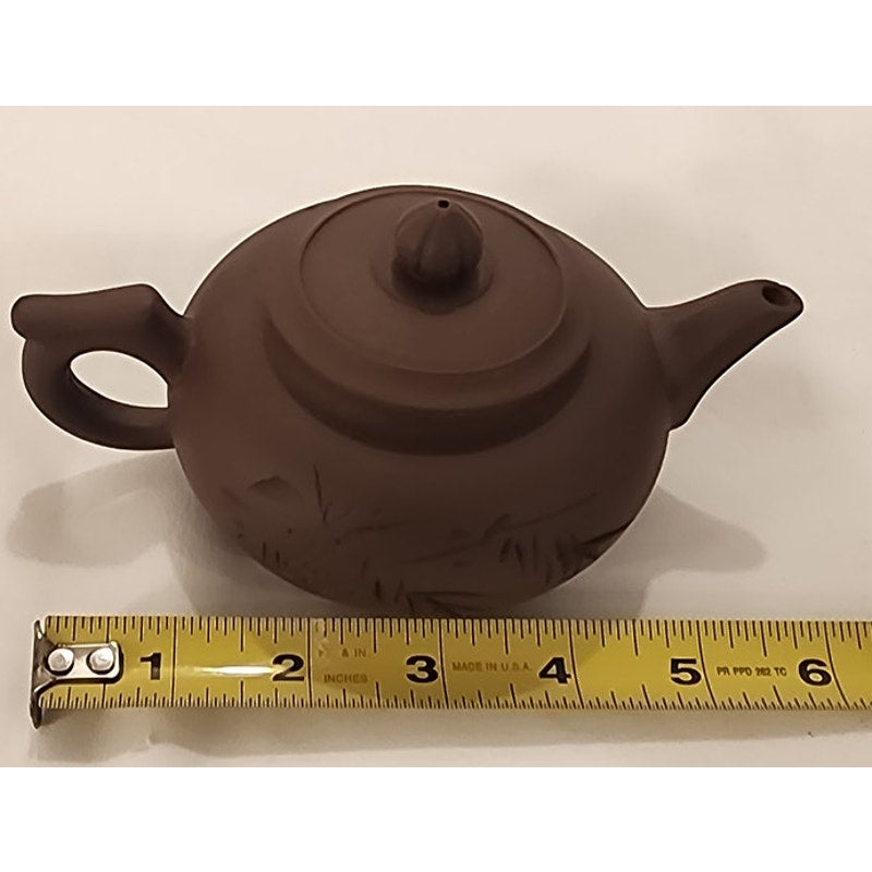 Yixing‑Style Zisha Clay Teapot w/ Lid– Bamboo Carved– 6.5" – Chinese Clay Teapot