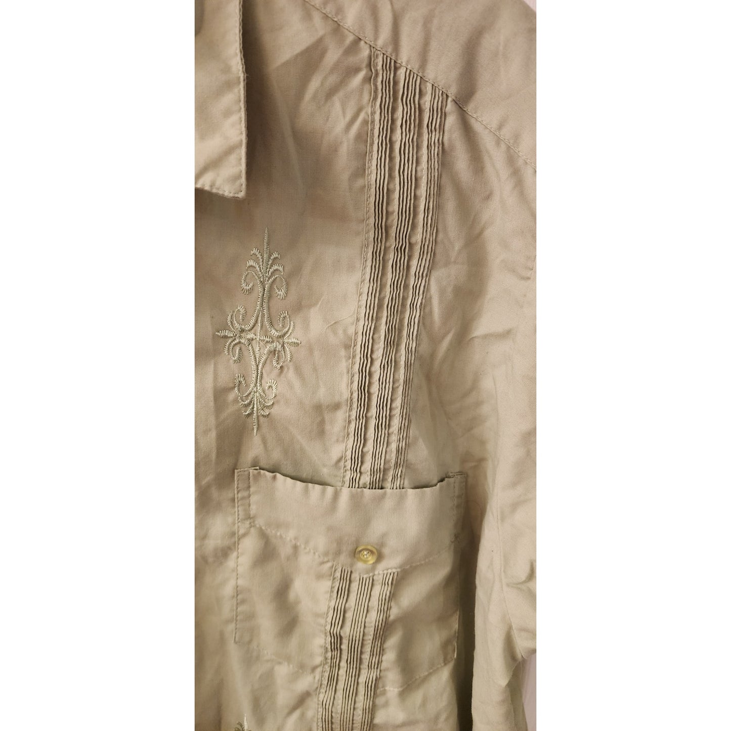 YAX‑IC Guayabera Shirt 46 Light Olive 4‑Pocket Embroidered Mexico