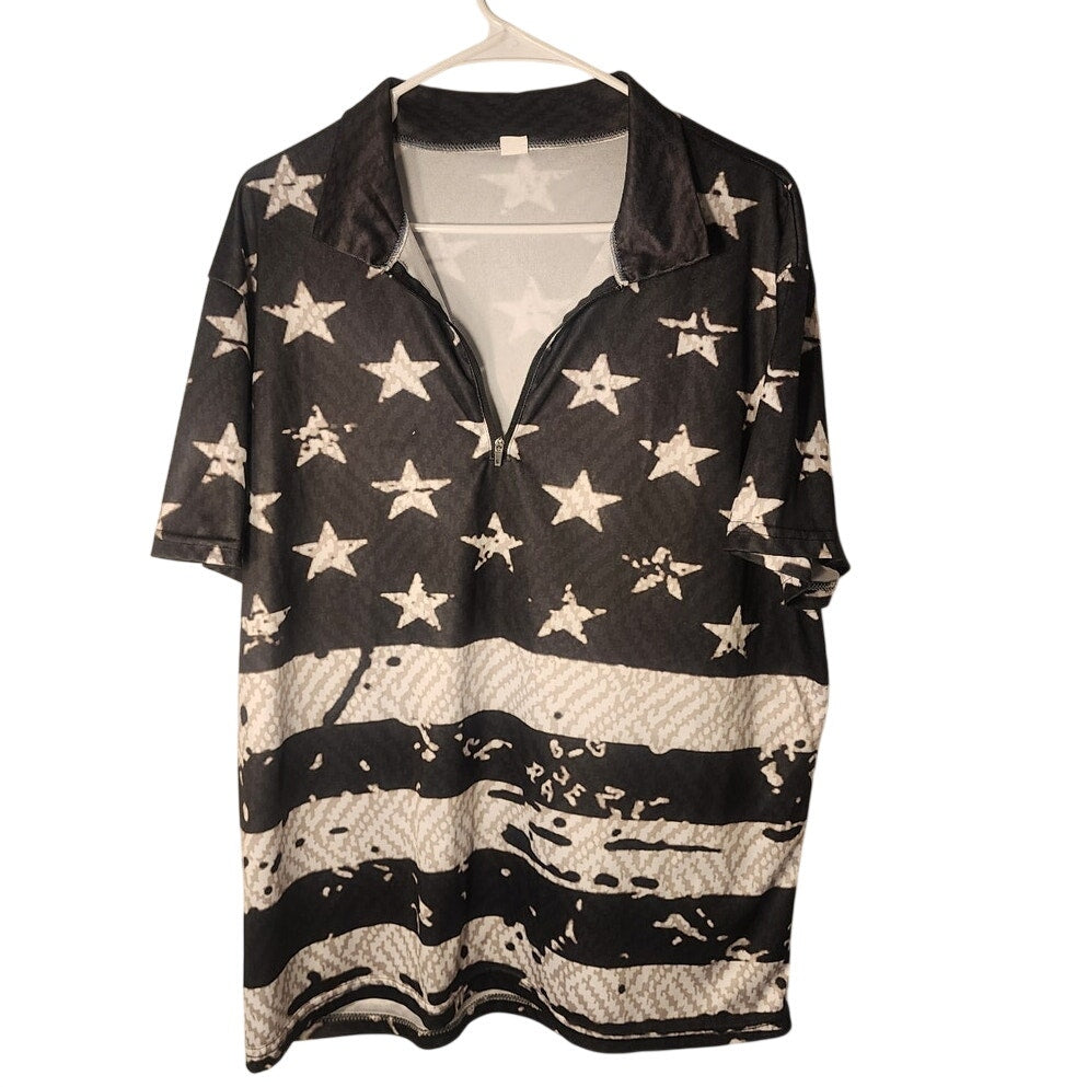 Mens American Flag Short Sleeve Button Down Shirt Black White Rave 21 Size 2XL