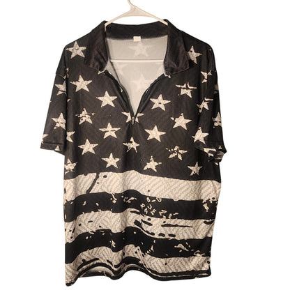 Mens American Flag Short Sleeve Button Down Shirt Black White Rave 21 Size 2XL