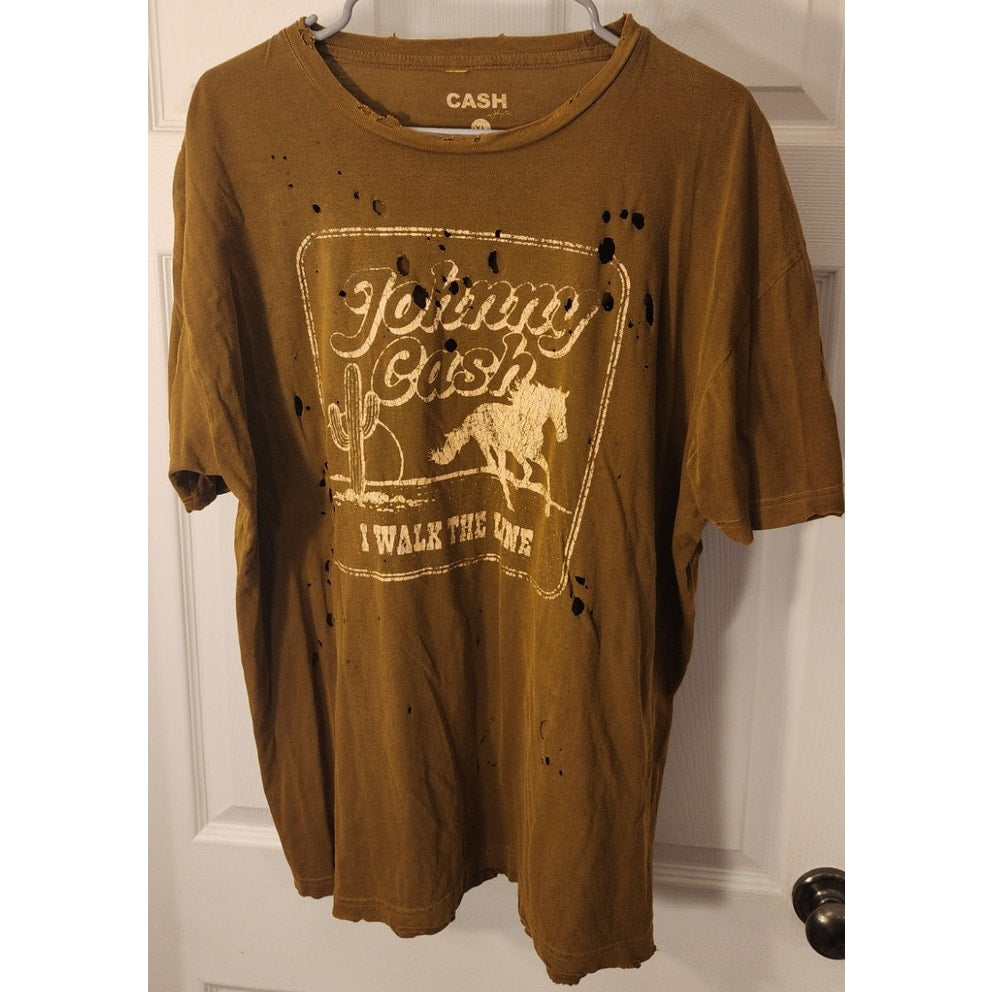 Johnny Cash I Walk the Line Tee XL Brown Distressed Graphic Shirt