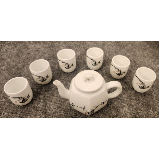 Vintage Japanese Ceramic Miniature Sake Set Teapot & 6 Sake Cups Hand Decorated
