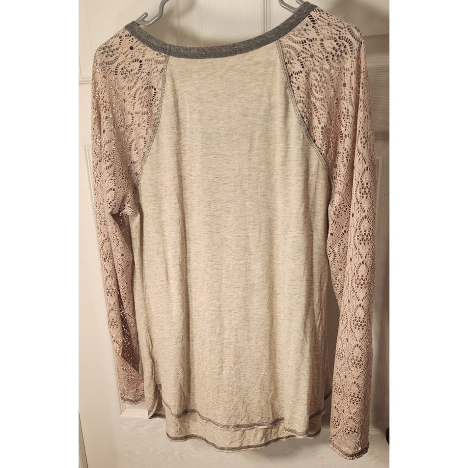 Maurices Perfectly Imperfect Graphic Top XL Lace Raglan Long Sleeve Tan