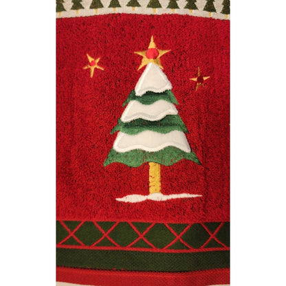 New - Vintage 3 PC SET - Embroidered Red, Green, White - Tree & Stars -Towel set
