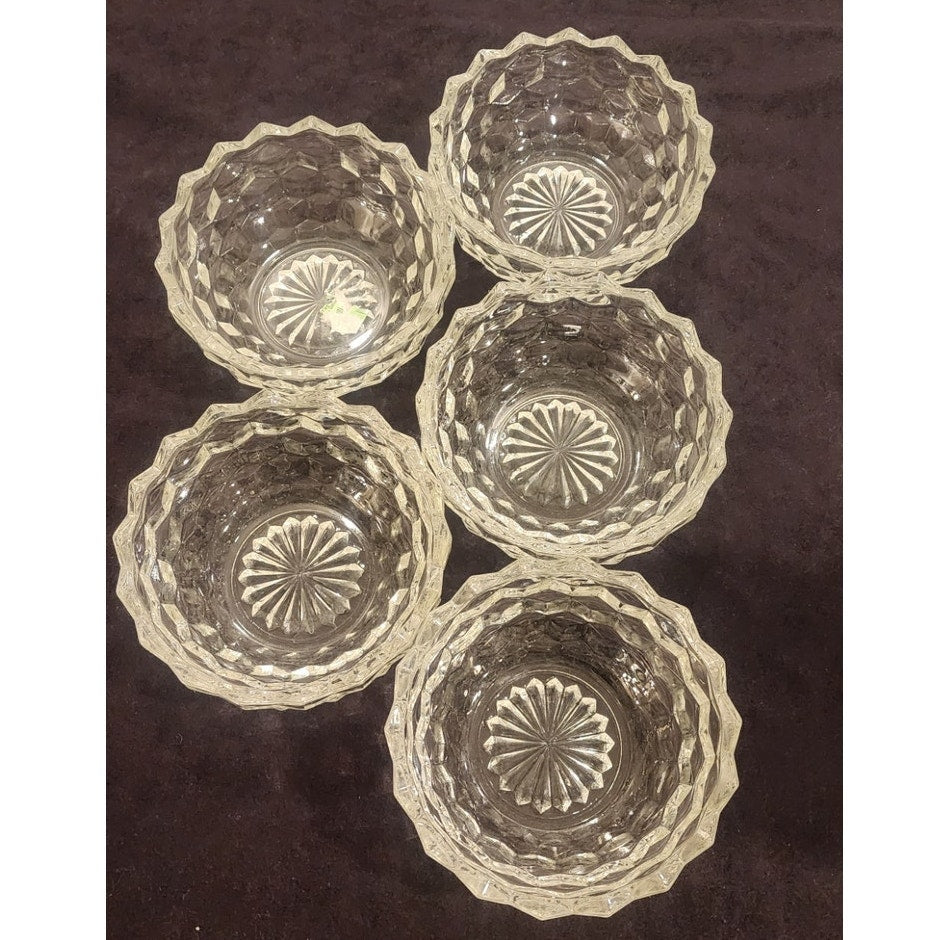 Vintage Crystal Scalloped Bowls Set of 5 – 5¼" Starburst Base – No Seams