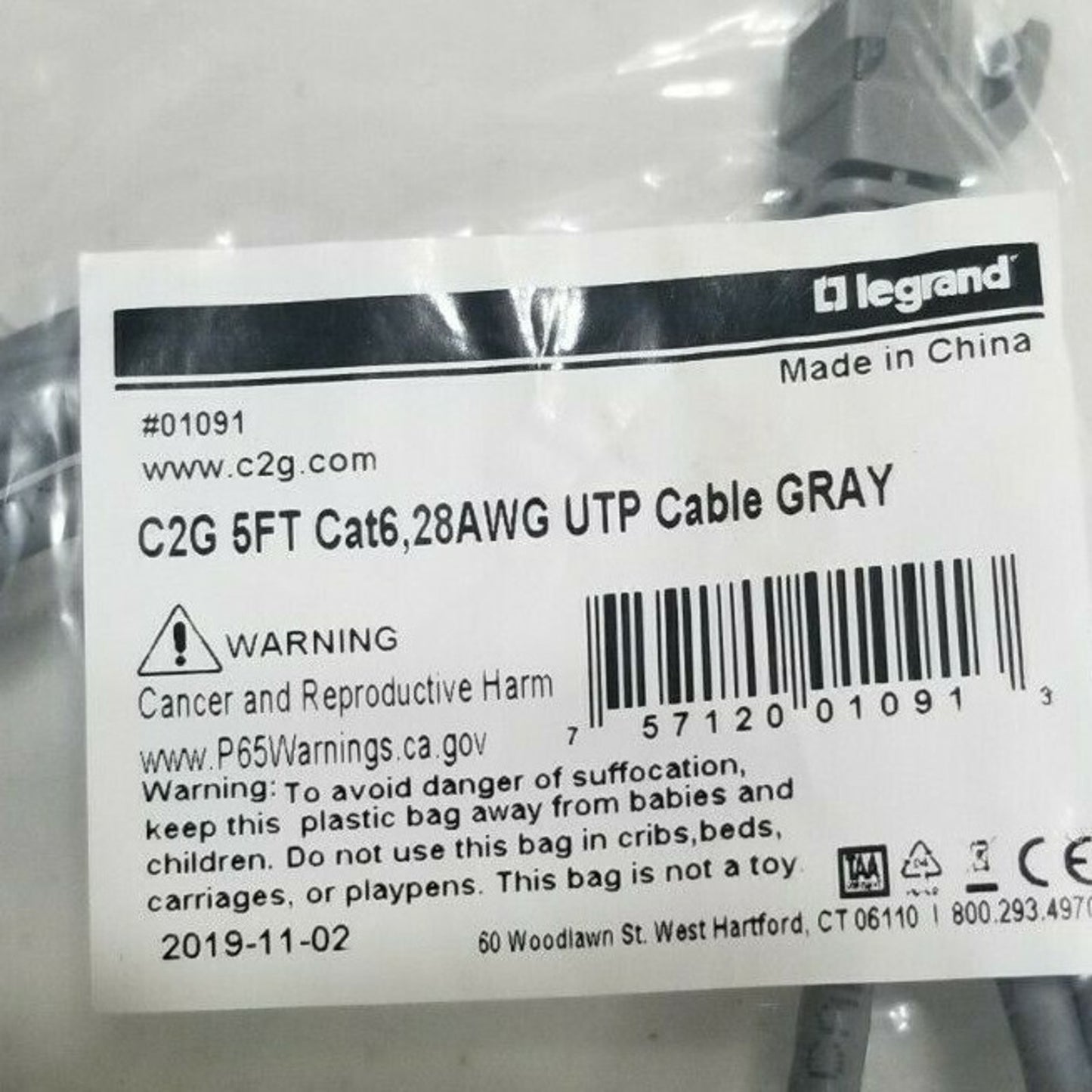 Ten (10) - C2G - Cat6, 28AWG UTP Cable- Gray - #01091 - Patch Cords? - legrand