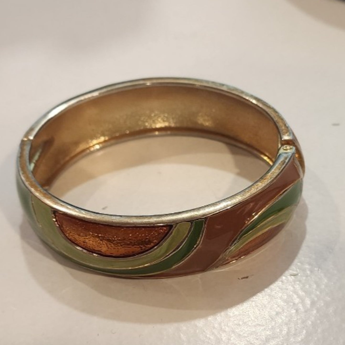 Green, Rust, Tan and Goldtone - Enamel - Hinged Spring - Clasp Bracelet