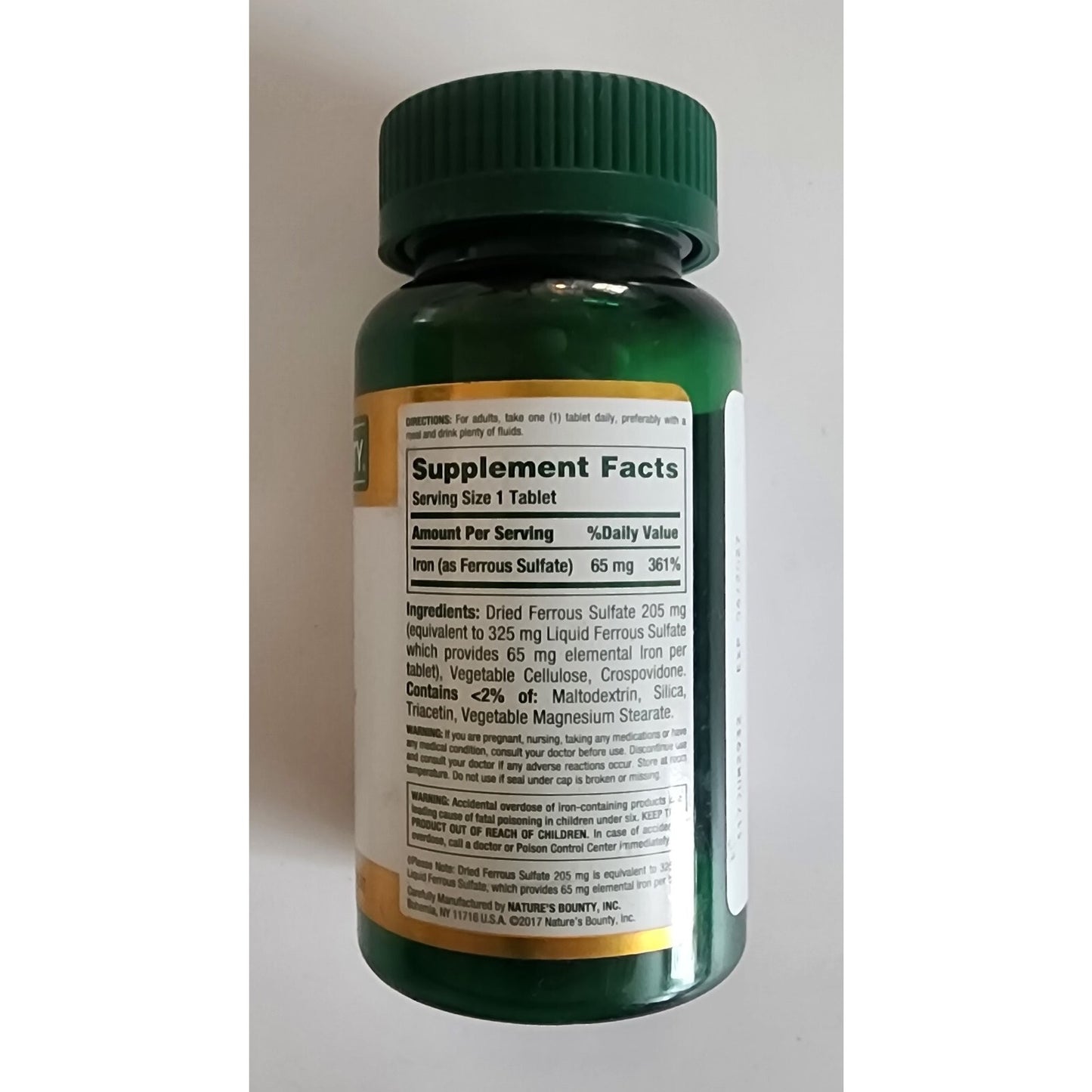 Nature's Bounty- Iron- 65mg, 325 mg Ferrous Sulfate, 100Tablets- EXP 06/2027