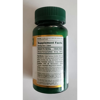 Nature's Bounty- Iron- 65mg, 325 mg Ferrous Sulfate, 100Tablets- EXP 06/2027