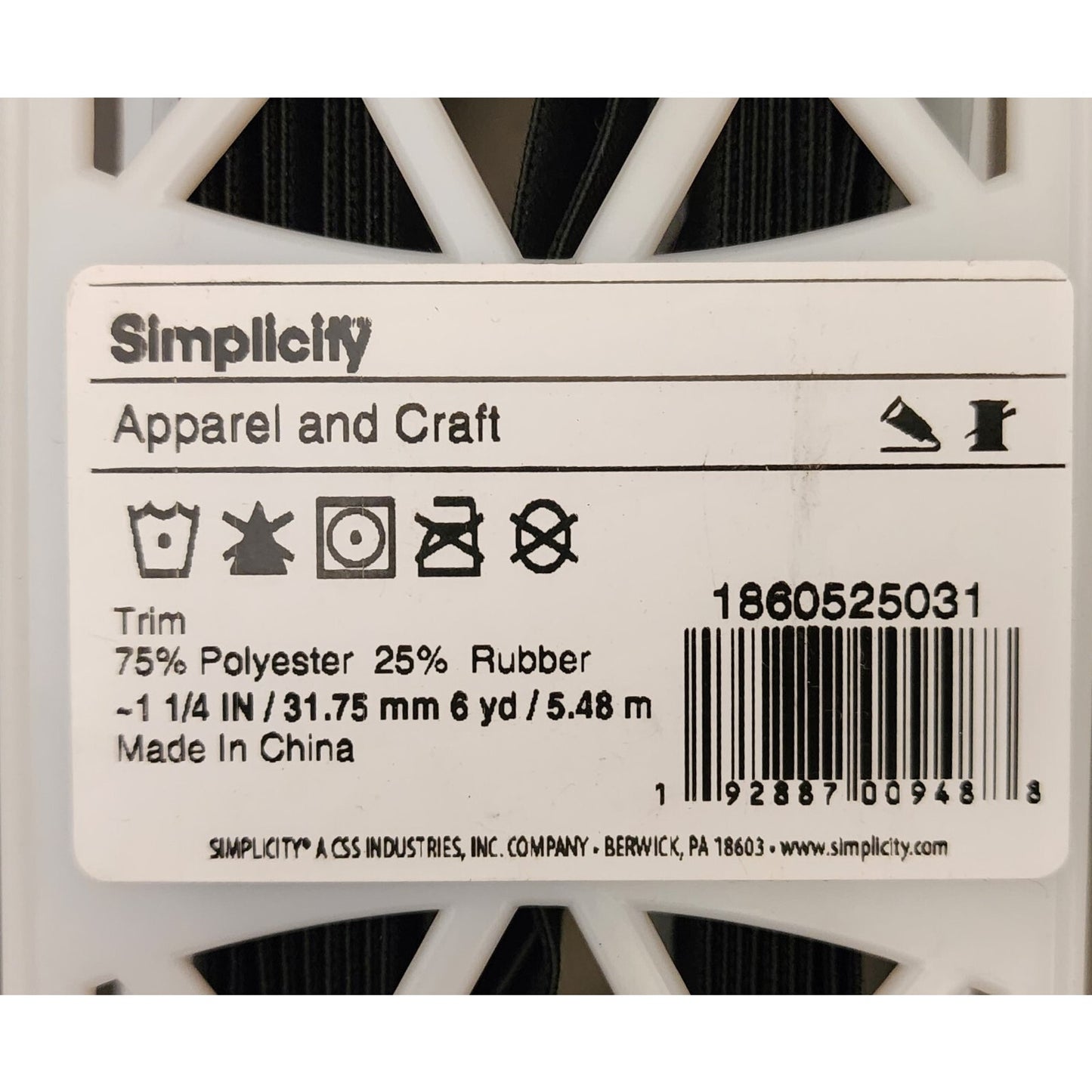 Simplicity- Polyester/Rubber Trim - 1 1/4" X 10yd - Black, 186 0525-031
