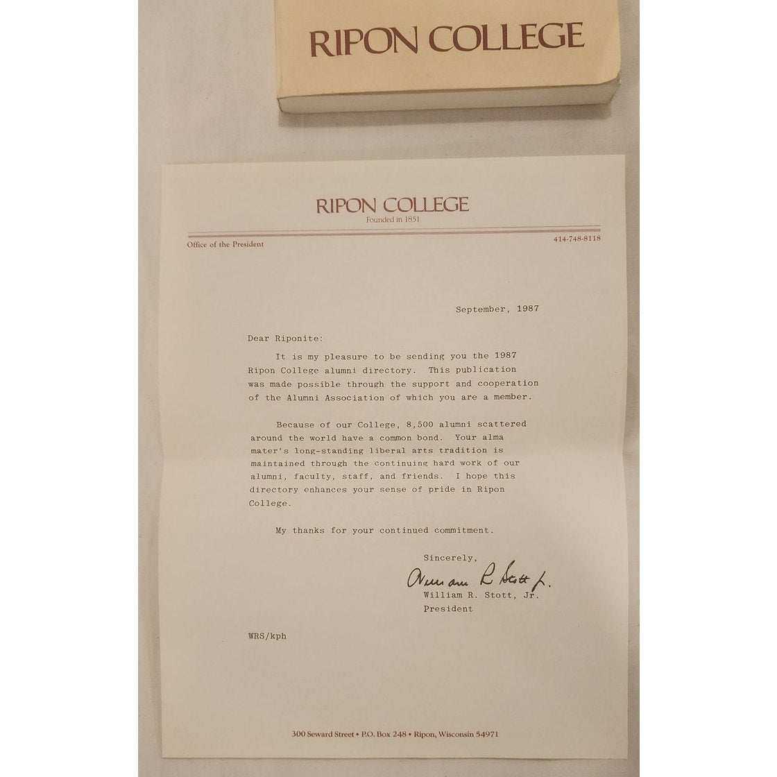 1987 Ripon College Alumni Directory + Original President’s Letter – Good