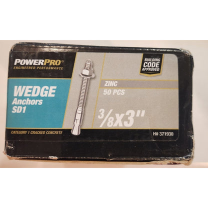 PowerPro- 3/8X3" Wedge Anchors SD1- H# H371930- Box of 50 - Zinc - For Concrete
