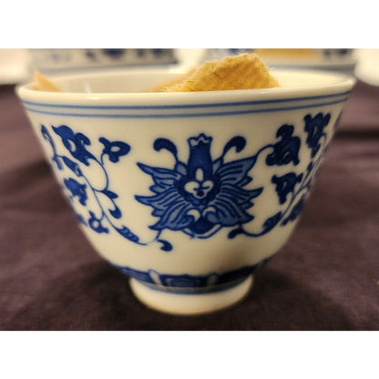 NEW Blue & White Porcelain Tea Cups– Set of 8– Floral/Geo Pattern– Made in China