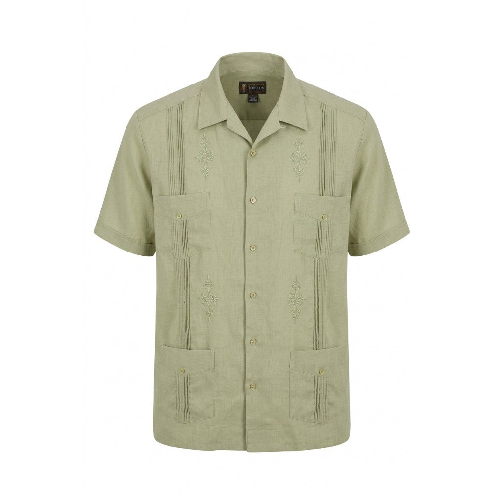 YAX‑IC Guayabera Shirt 46 Light Olive 4‑Pocket Embroidered Mexico