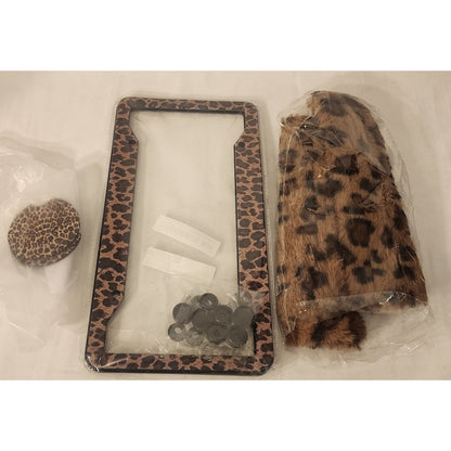 Cheetah Print Car Accessory Set – Plate Frame, Shoulder Covers, Cup Inserts