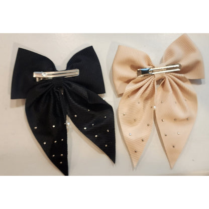 Cream and Black Hair Bow Clips with Faux Pearls - Approx. 5" W x 6" H