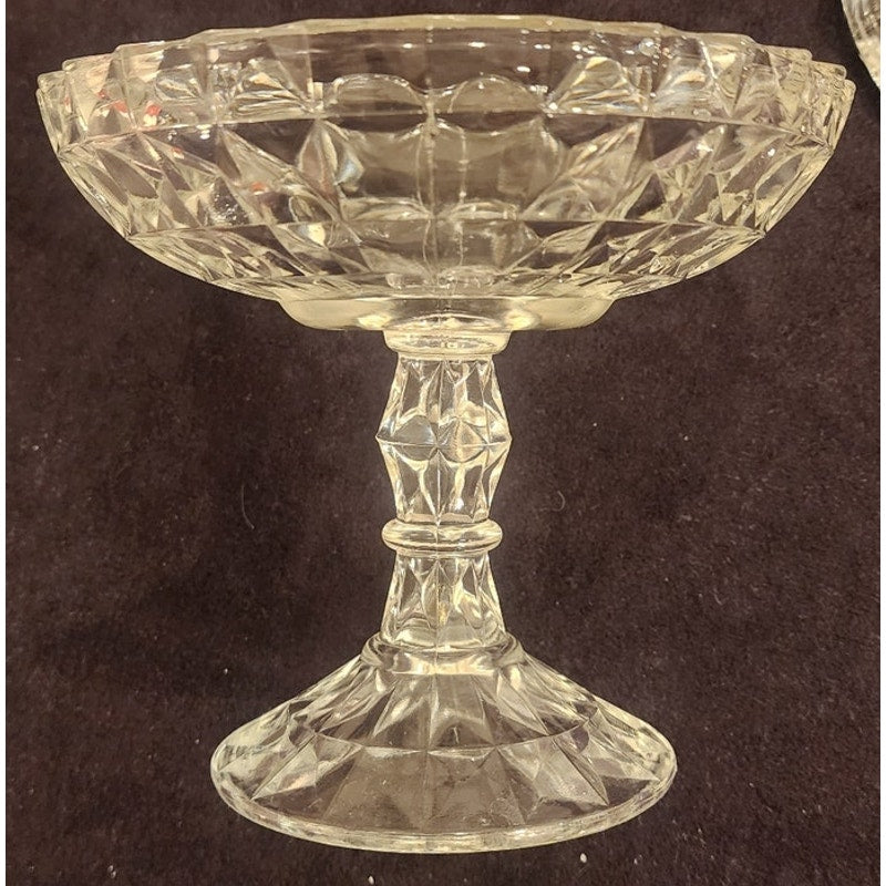 Vintage Crystal Pedestal Compote w/ Lid – 7.5" Tall – Diamond Cut Pattern