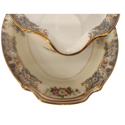 Vintage Noritake Fine China Gravy Boat with Attached Underplate Teal Floral Gold