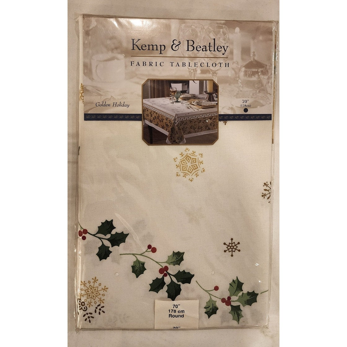 Kemp & Beatley Golden Holiday Fabric Tablecloth 70" Round Christmas NWT