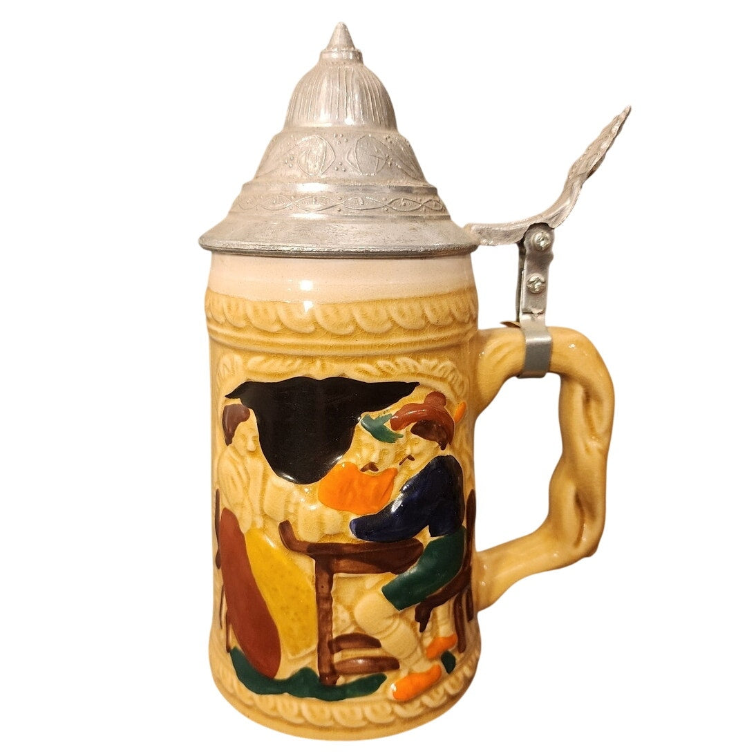 Vintage ABC Alphabet German Style Lidded Beer Stein Set Ceramic Pewter Lid 7.5"