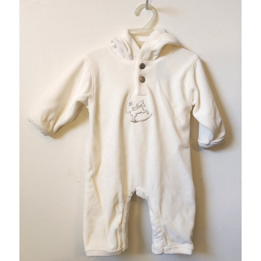 Faded Glory - Ivory Fleece Sleeper & hood w/ears. So cute! 6-9 mo. Horse Emblem