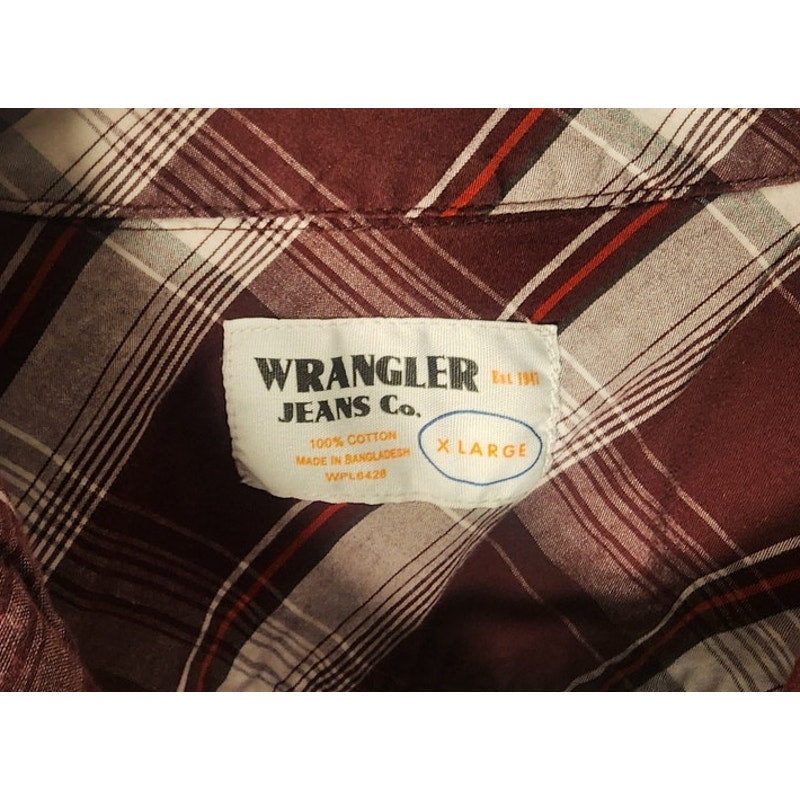 Wrangler Mens XL Button Down Shirt Maroon White Gray Plaid WPL 6428 Casual