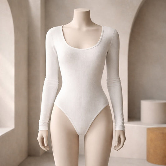 Bohme- White Ribbed Long Sleeve Bodysuit Women's-XL NWT BHM1430WT Scoop Neck New