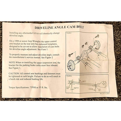 CAM500 Driveline Angle Cam Bolt Kit 95-257-1207 Instruction Sheet Unbranded