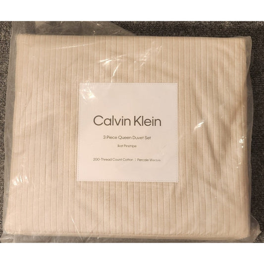 Calvin Klein Queen Duvet Cover Set 3 Pc Ikat Pinstripe 200 TC Percale Weave