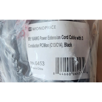 Lot 10 - Monoprice 6453 6 Ft. - Power Extension Cable - 3 Conductor - PC-Monitor