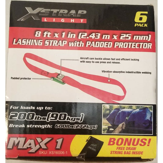 Xstrap Light 6 Pack Lashing Strap - 1" X 8' - up to 200lb loads. Black Straps