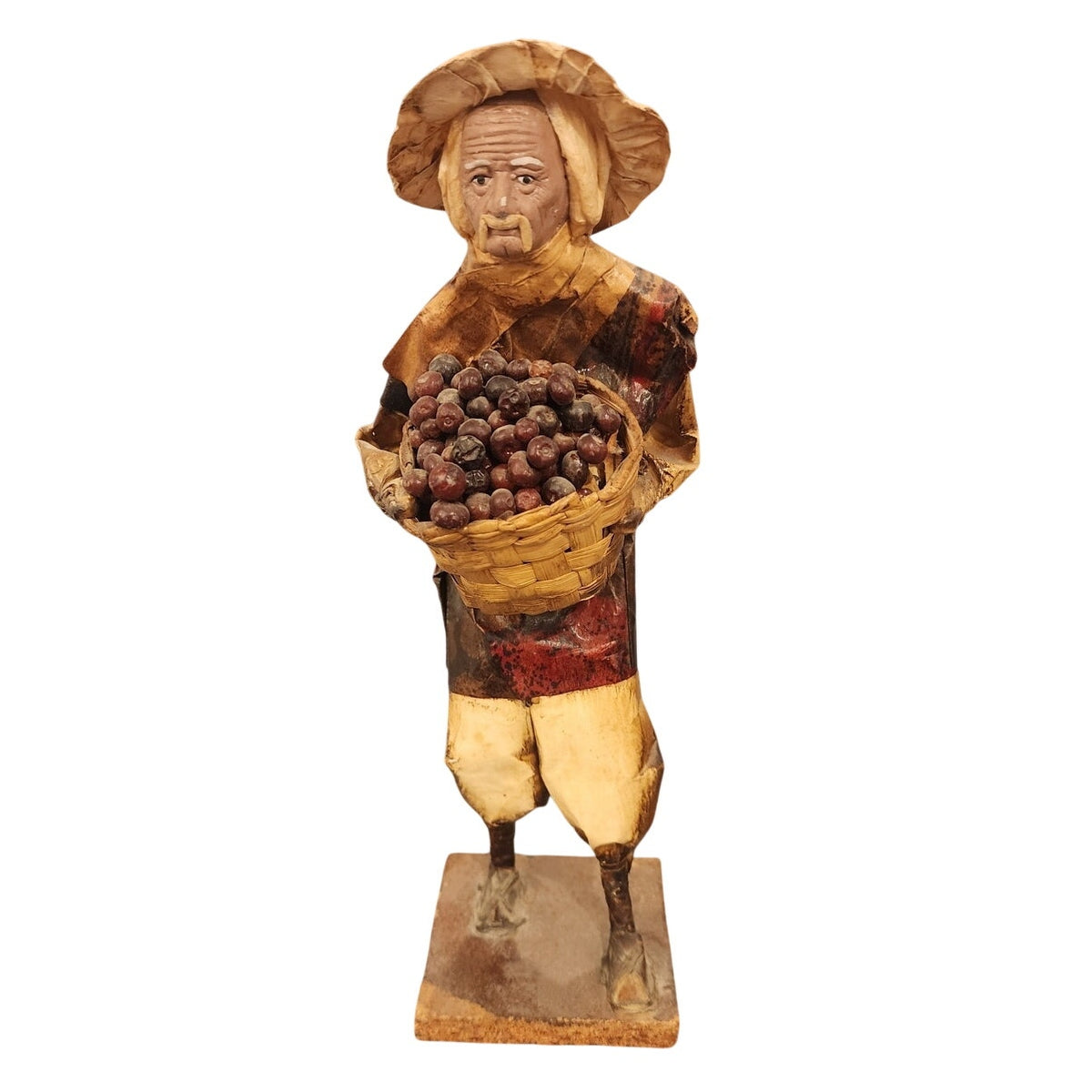 Vintage Handmade Mexican Folk Art Paper Mache Man Fruit Basket Figurine 12"