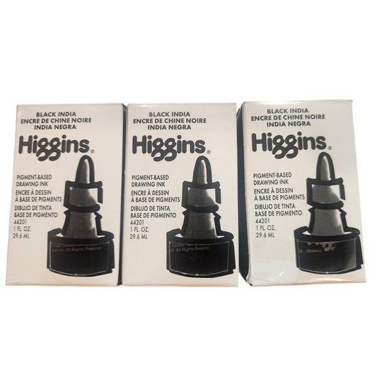 Lot of 3 - Higgins Pigment Based Drawing Ink Black India 1 oz. NIB