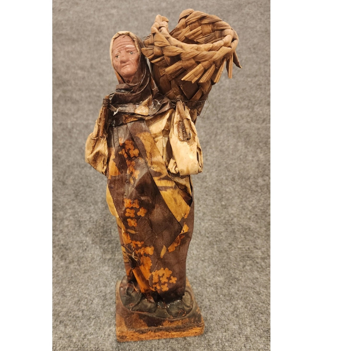 Vintage Handmade Mexican Folk Art Paper Mache Woman Back Wicker Basket Figurine