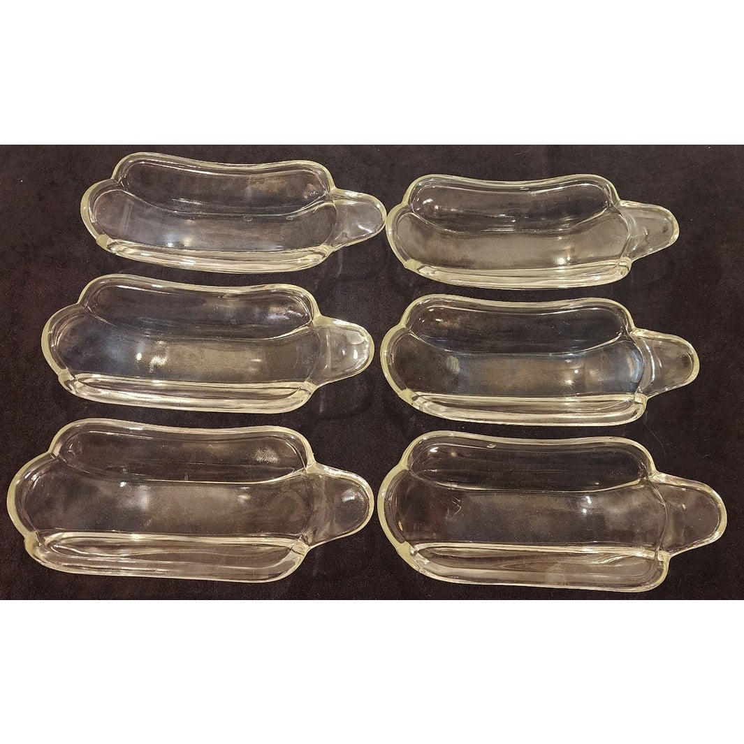 Vintage Clear Glass Banana Split Dishes Set of 6 – Ribbed Oval Dessert Bowls