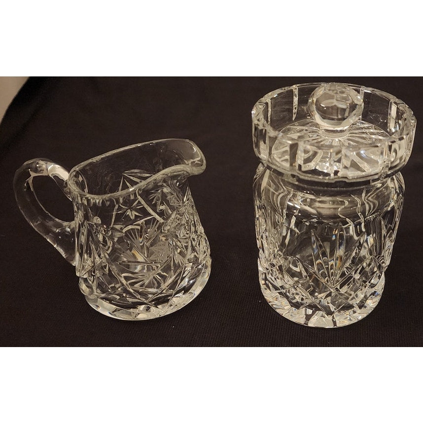 Vintage Clear Glass Crystal Creamer and Sugar Bowl Set with Lid Hand Blown 2 Pc