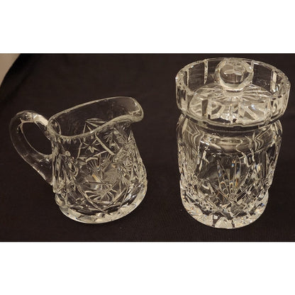 Vintage Clear Glass Crystal Creamer and Sugar Bowl Set with Lid Hand Blown 2 Pc
