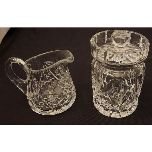 Vintage Clear Glass Crystal Creamer and Sugar Bowl Set with Lid Hand Blown 2 Pc