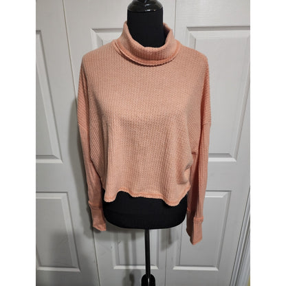 Women's Long Sleeve Turtleneck Cropped Shirt- Peach Orange -waffle material- Med