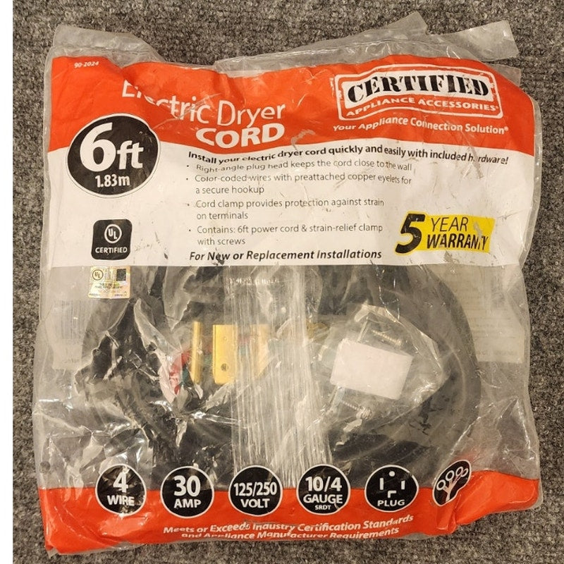 Certified Appliance Electric Dryer Power Cord Replacement 6ft Heavy Duty