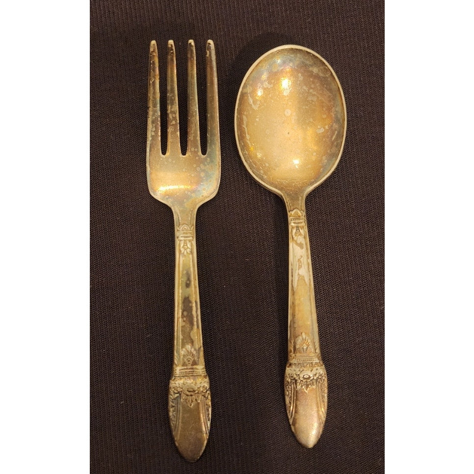 Vintage Wm Rogers Silverplate Baby Spoon and Fork Set Small 4.25 In 847 DS TS