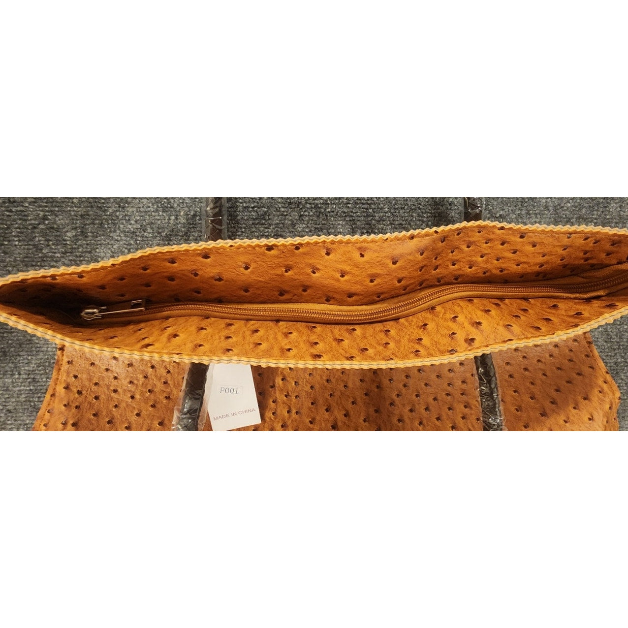New 22TOTE Large Tan Ostrich Embossed Faux Leather Tote Bag Pouch NWT