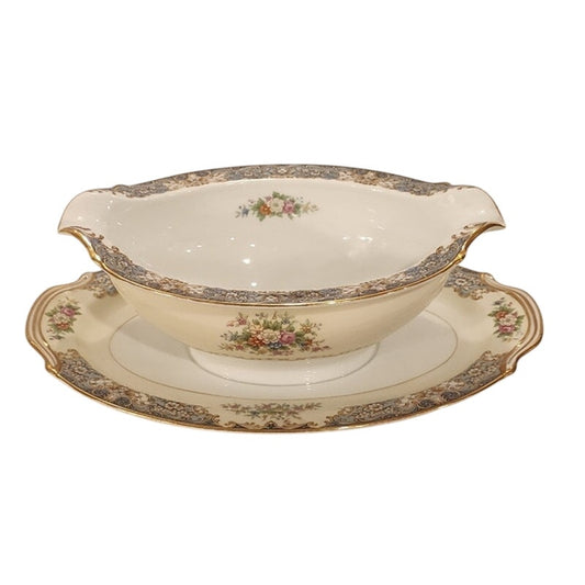 Vintage Noritake Fine China Gravy Boat with Attached Underplate Teal Floral Gold