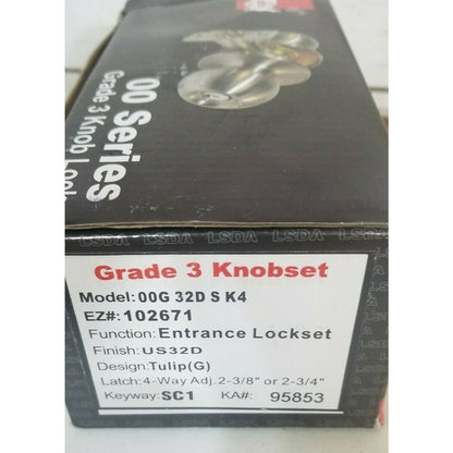 Tulip (G)- 00 Series - Grade 3 Knobset- Entrance Lockset. Silver Colored- US32D
