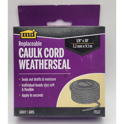 1 Box - md - Replaceable Caulk Cord Weatherseal - 1/8" x 30' - Gray - 71522